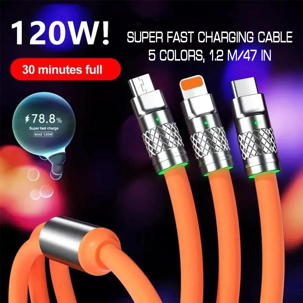 120W Zinc Alloy Super Fast Charging Cable For iPhone Lightning Samsung Type C Micro USB Cord 1.2m/47in