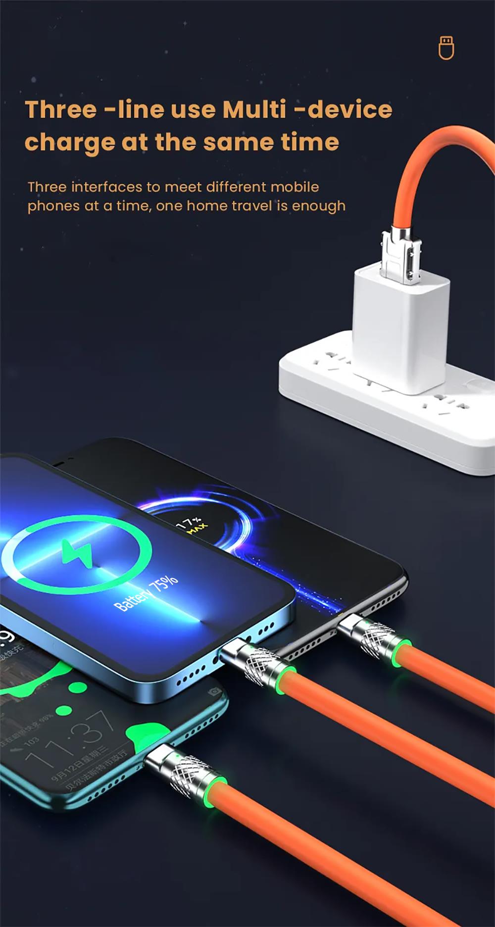 120W Zinc Alloy Super Fast Charging Cable For iPhone Lightning Samsung Type C Micro USB Cord 1.2m/47in, Picture 4