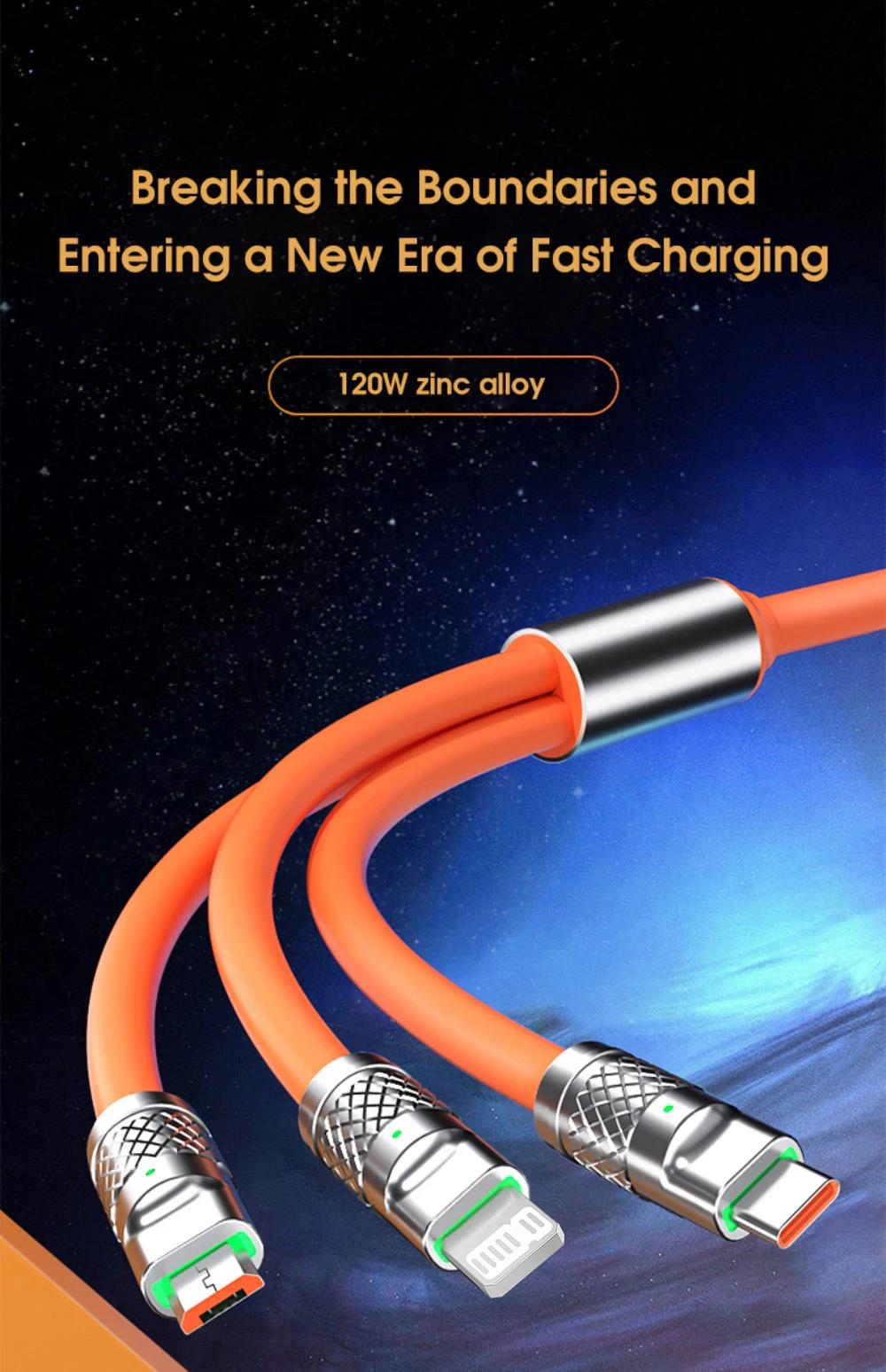 120W Zinc Alloy Super Fast Charging Cable For iPhone Lightning Samsung Type C Micro USB Cord 1.2m/47in, Picture 5